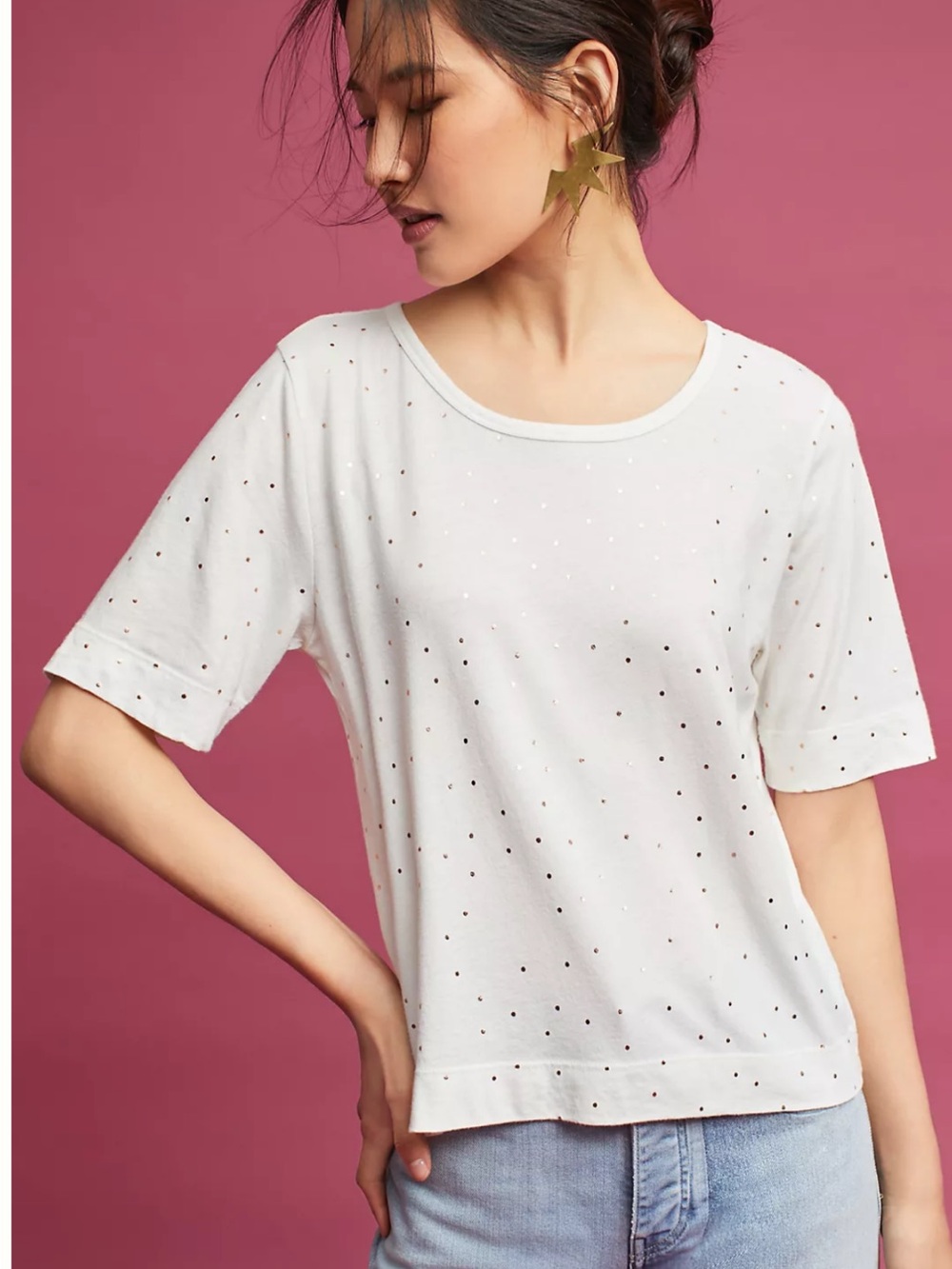 Small Anthropologie t.La Cream Rose Gold Metallic Polka Dot Short Sleeve Shirt